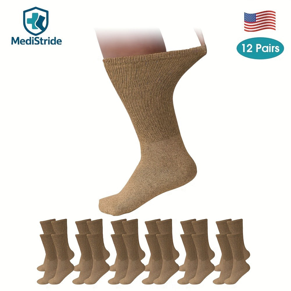 Cotton Diabetic Crew Socks 12 Pairs Non-Binding Neuropathy Loose Fit Seamless Cushioned Full Length for Men Women Edema Sensitive Feet White Black Brown Khaki Navy Grey