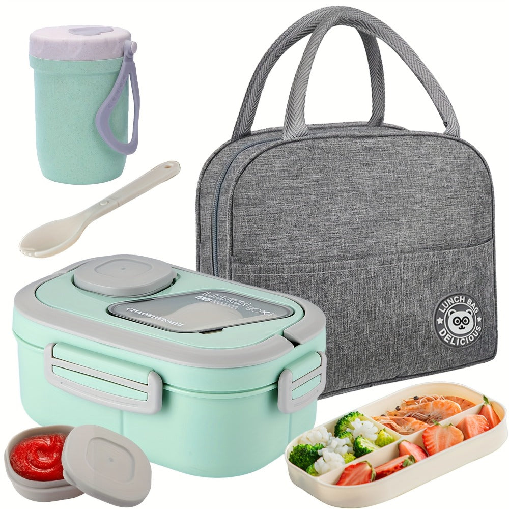 2-Layer Bento Lunch Box Set with Cup and Meal Bag - Multi-Grid Lunch Box for School, Office & Outdoor Picnics, Food Storage Container with Milk Cup, Salad Cup, Coffee Cup or Soup Bowl, Pink Blue Green White