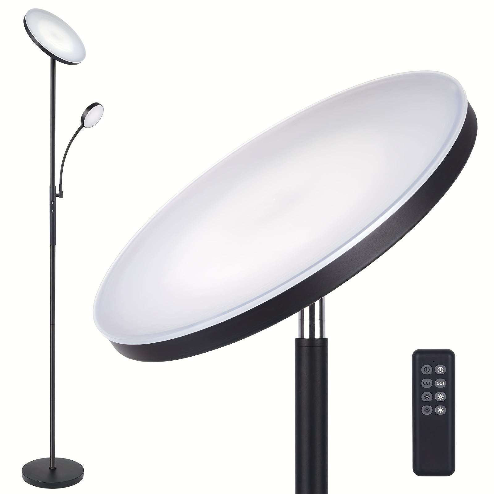 LED Floor Lamp with Reading Light ¨C 27W 2300LM Dimmable Torchiere Standing Lamp, 4 Color Temperatures, Remote & Touch Control, Metal Base for Living Room Bedroom Home Office (Black/White)