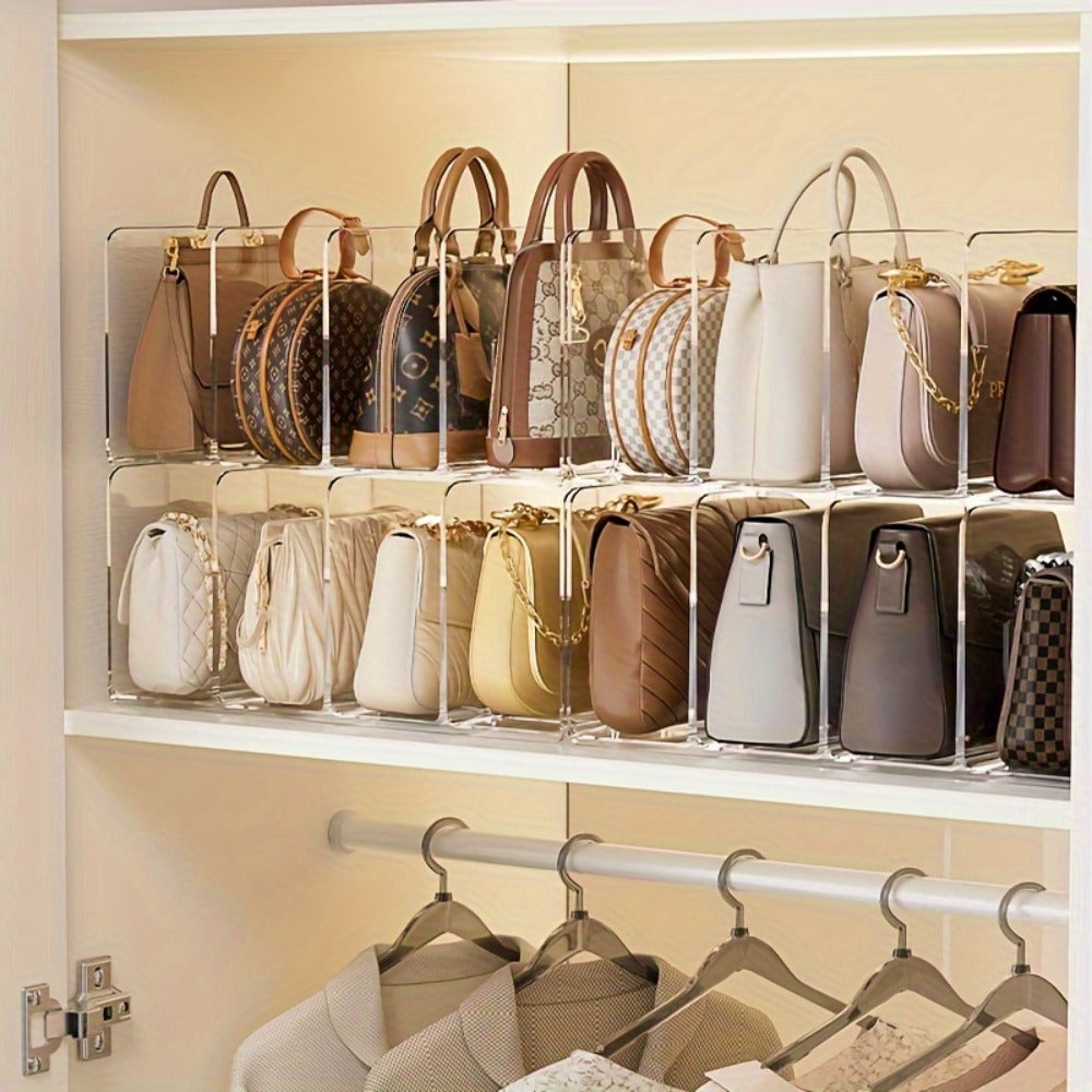 Purse Organizer for Closet 4-Pack ¨C Clear Plastic Bag Storage Divider Shelf, Handbag Holder for Wardrobe, Bedroom, Dormitory, Holds 8¨C16 Bags