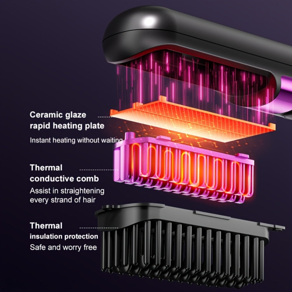 Wireless Hair Straightener Comb USB Rechargeable | Cordless Straightening Brush with Negative Ion, 3-Speed Temp Control, LED Display ¨C Travel Hair Styler