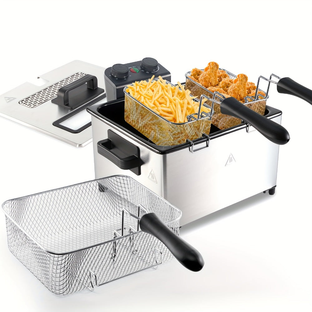 Electric Deep Fryer 1700W, Large Deep Fryer with Adjustable Time & Temperature Control, Stainless Steel Frying Basket, Lid with View Window, 101.44oz / 1.32gal Capacity, Home Kitchen Countertop Fryer