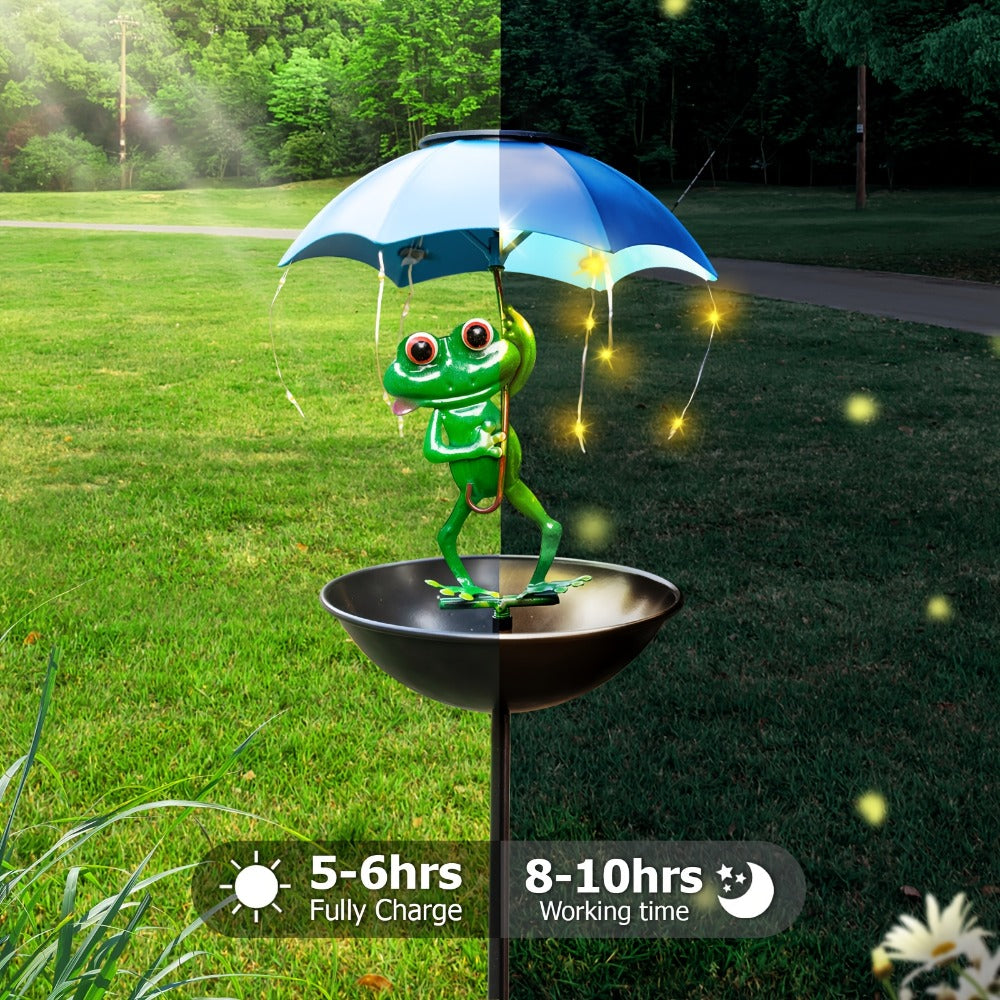 Solar Garden Decor Frog with Umbrella LED Light ¨C Iron Frog Outdoor Statue with Solar Powered LED | Bird Feeder Garden Ornament for Patio, Lawn, Pathway & Deck | Unique Valentine Gift Yard Decoration