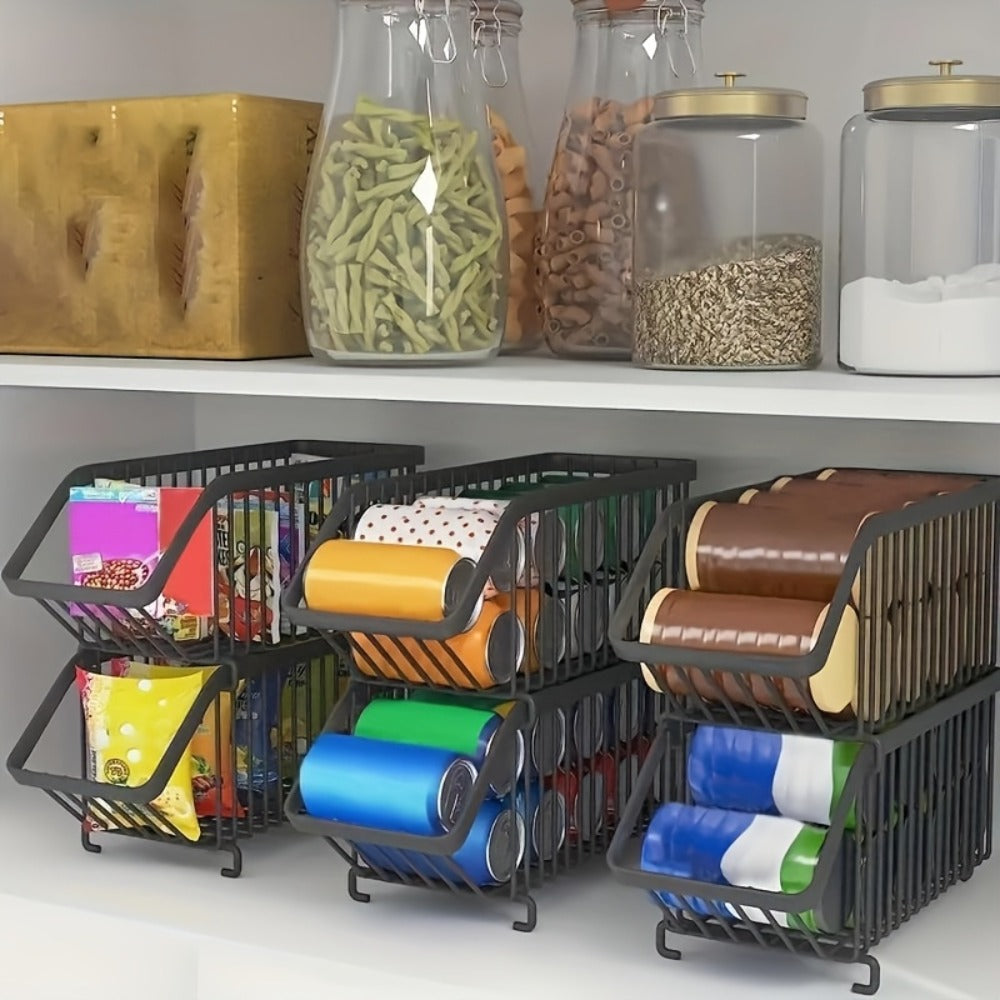 Stackable Can Organizer for Refrigerator 6-Pack | Metal Soda Can Holder Dispenser Storage Rack for Kitchen Pantry Cabinet Countertop, Black