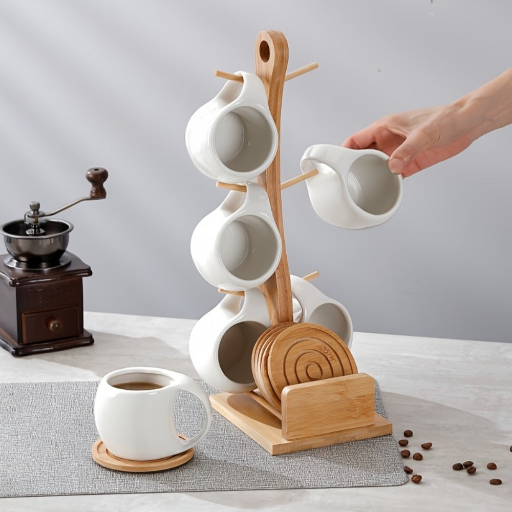Ceramic Coffee Cup Set of 6 with Wooden Coasters & Cup Holder | 200ml Latte Cappuccino Espresso Tea Mugs | Home Office Caf¨¦ Gift Set