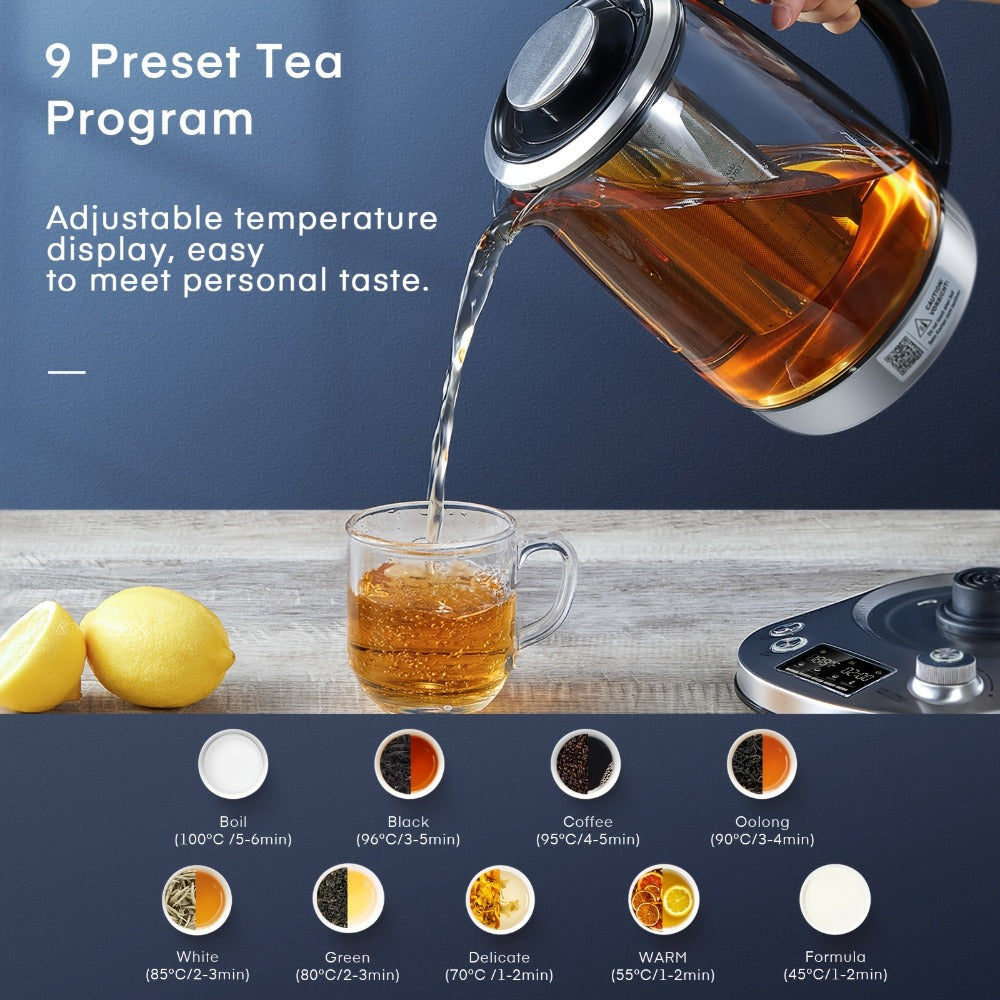 Electric Tea Kettle with 9 Temperature Control Presets ¨C 1.7L Borosilicate Glass Kettle, 1200W, Removable Infuser, 2-Hour Keep Warm, Stainless Steel Hot Water & Tea Pot for Home & Office