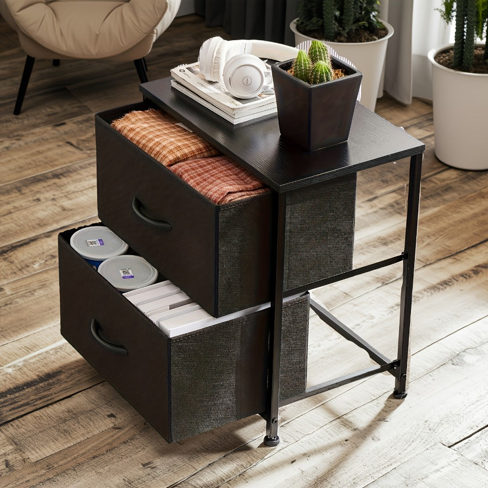 Nightstand with 2 Storage Drawers, 20¡± Bedside Table with Wooden Top & Fabric Cabinet, Steel Frame Mini Dresser for Bedroom, Dorm, Living Room ¨C 1pc or Set of 2pcs, Black White Grey Rustic Brown