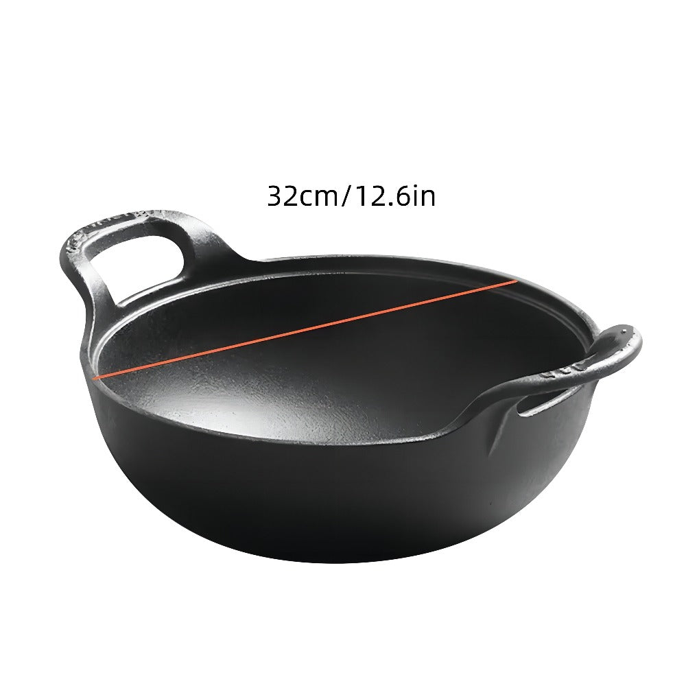 Cast Iron Wok Skillet Non-Stick Deep Stir Fry Pan with Dual Handles - Heavy Duty Uncoated Traditional Cooking Pot Multi-Size 9.84 10.62 11.81 12.59 Inch for Home Outdoor Grilling Baking