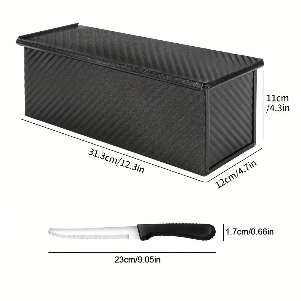Pullman Loaf Pan with Lid, Extra Large 12.3x4.7x4.3 Inch Sandwich Bread Pan with Vent Holes, Nonstick Carbon Steel Toast Pan with Bread Knife, Square Loaf Pan for Sandwich Bread, Black or Gold