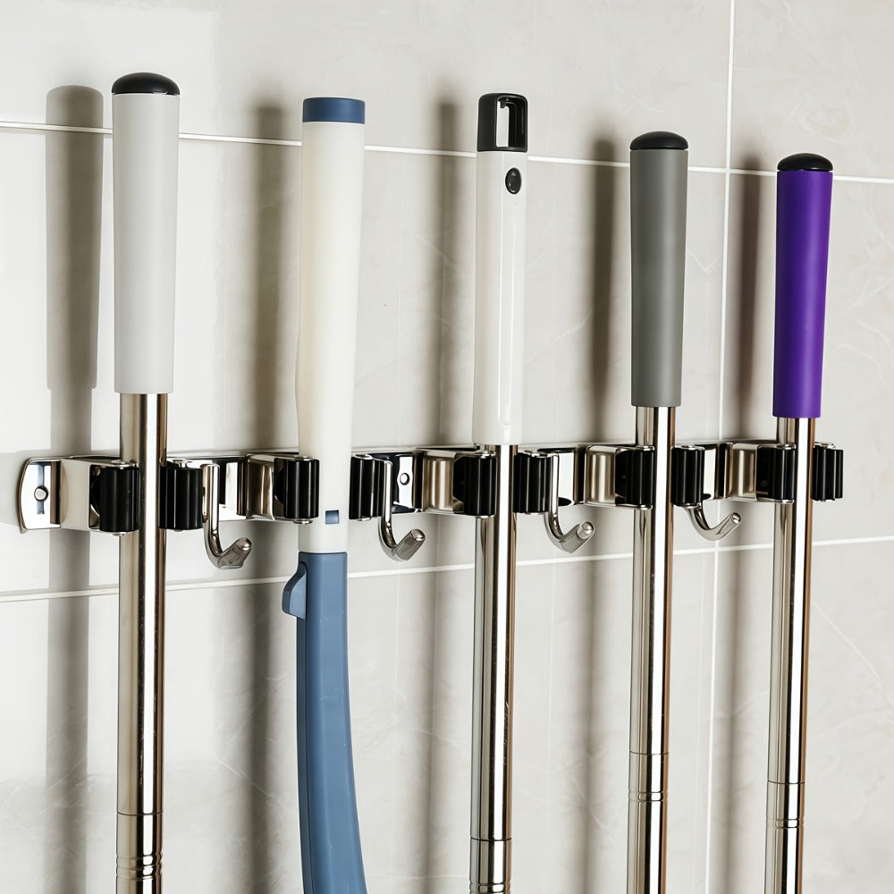 Mop and Broom Holder Wall Mount ¨C Stainless Steel Heavy Duty Self Adhesive Rack with 5 Slots & 4 Hooks, No-Drill Storage Organizer for Kitchen Garage Laundry Garden Home