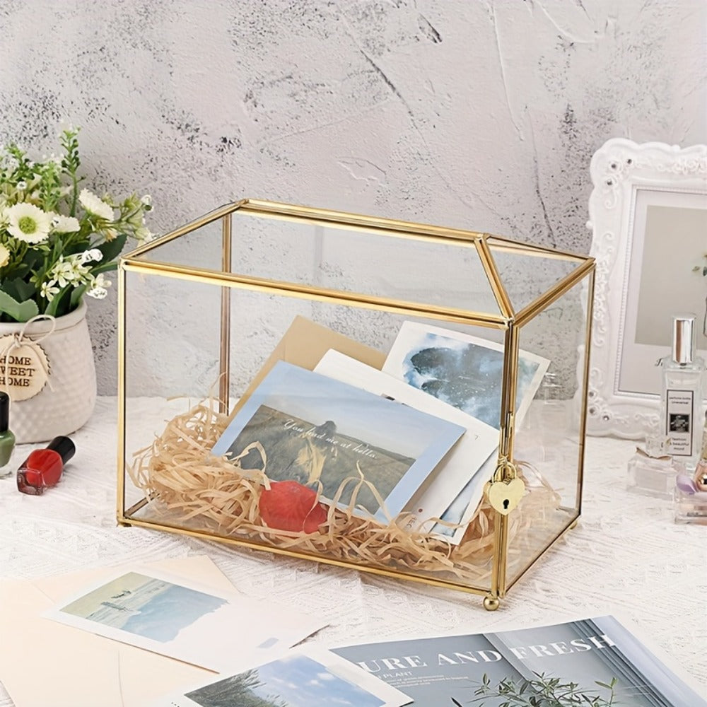 Wedding Card Box with Lock Glass Gold Transparent Slot Lid 10.2x5.9x8.3 In Holds 100 Cards for Wedding Baby Shower Birthday Party