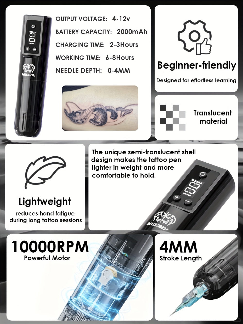 Wireless Tattoo Gun Kit ¨C Neebol Cordless Rotary Tattoo Machine with 2000mAh Battery, 10 Cartridge Needles, 7 Inks, Green Soap & Tattoo Supplies ¨C Portable Beginner & Artist Set