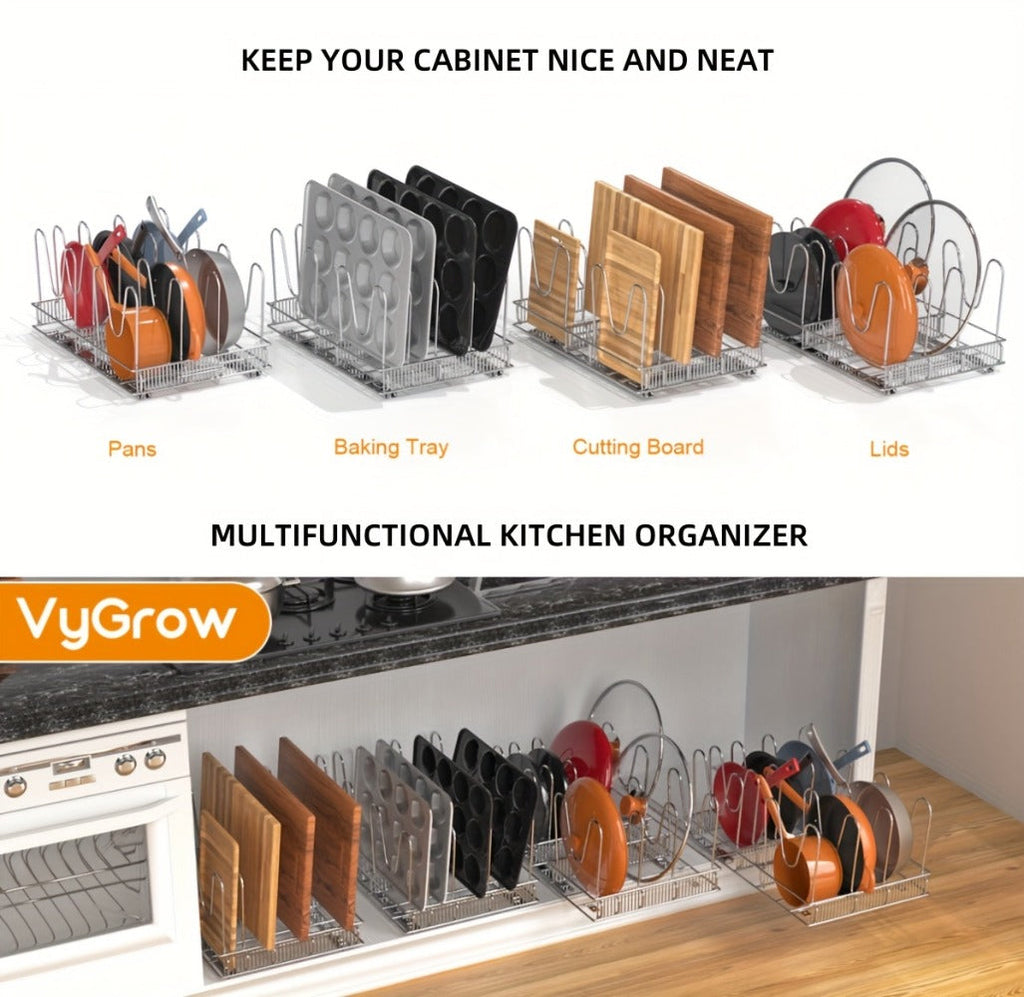 Cabinet Pot & Pan Organizer Rack with 10 Adjustable Dividers, 11¡±W x 17.5¡±D x 8.3¡±H, Chrome Steel Kitchen Storage
