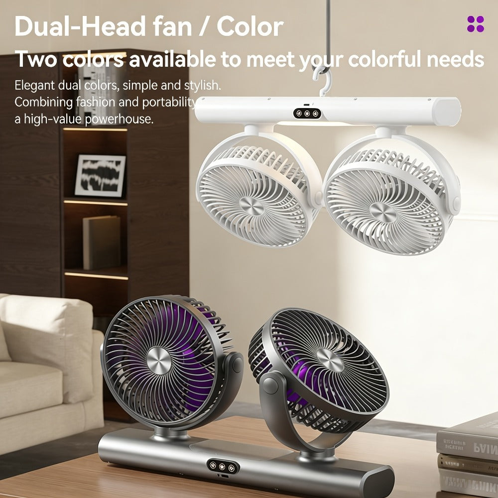 Double Head Air Circulation Fan USB Rechargeable | Desktop & Wall-Mounted 3-Speed Dual-Head Fan with Atmosphere Night Light, Multi-Angle Airflow for Camping, Home & Office ¨C Grey & White