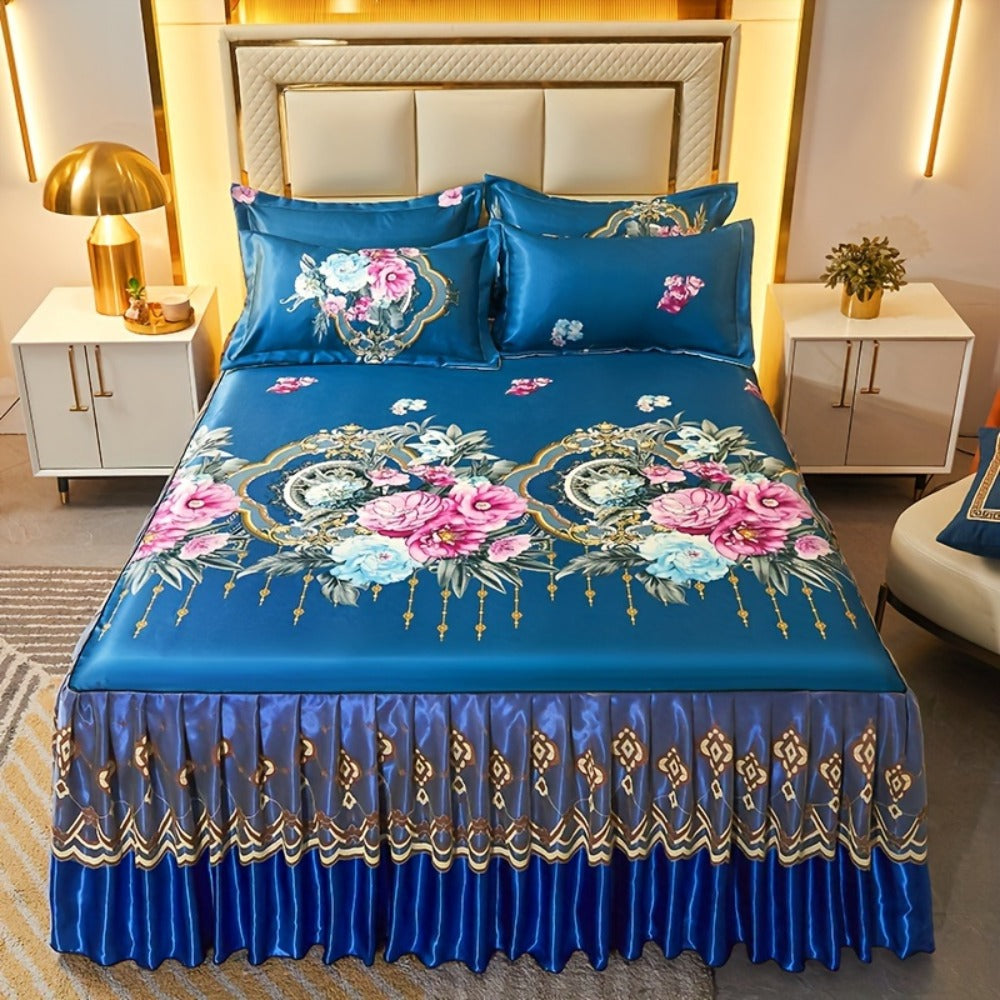 Floral Ruffle Bed Skirt Cool Mat 3 Piece Set with Pillowcase, Double Layer 360¡ã Full Wrap Washable Cooling Mattress Cover, Breathable Summer Bedding Set for Twin Full Queen King, Parisian Romantic Floral