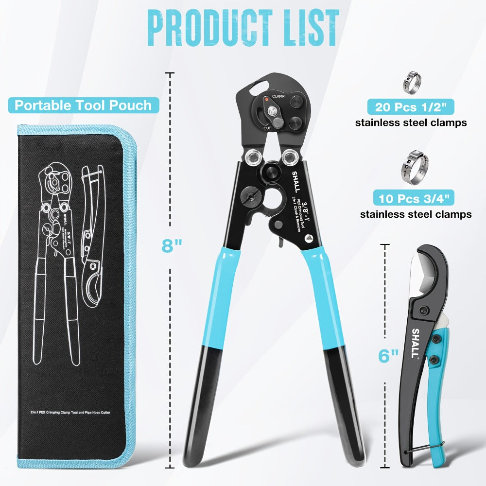 PEX Crimping Tool Kit ¨C Clamp Cinch Tool & Pipe Cutter, ASTM F2098 Certified, Fits 3/8¡± to 1¡± Stainless Steel Clamps, Includes 20pcs 1/2¡± & 10pcs 3/4¡± Clamps with Storage Bag