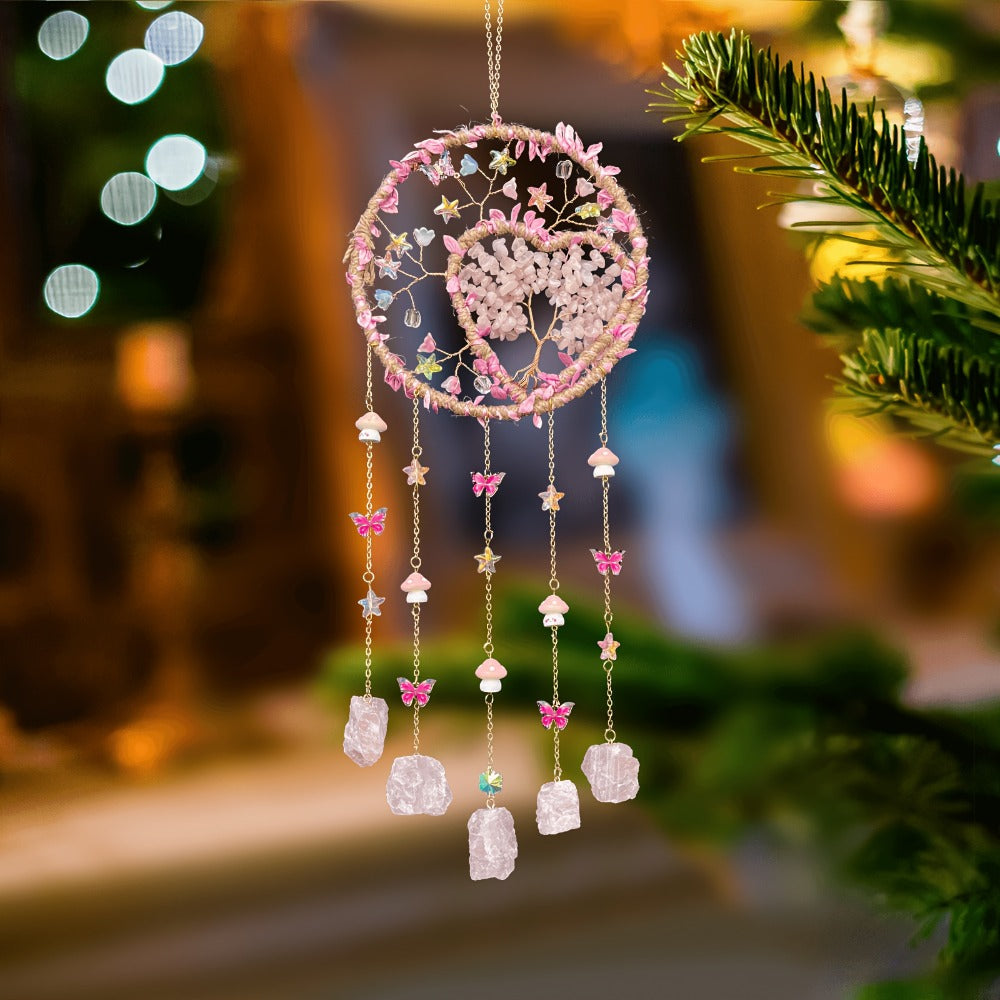 Boho Crystal Wall Hanging Decor ¨C Handmade Stone Bead Wind Chime with Colorful Gemstone Heart & Circular Crystal Pendant for Bedroom Living Room Christmas Mother's Day Thanksgiving Gift (Purple/Pink/Green)
