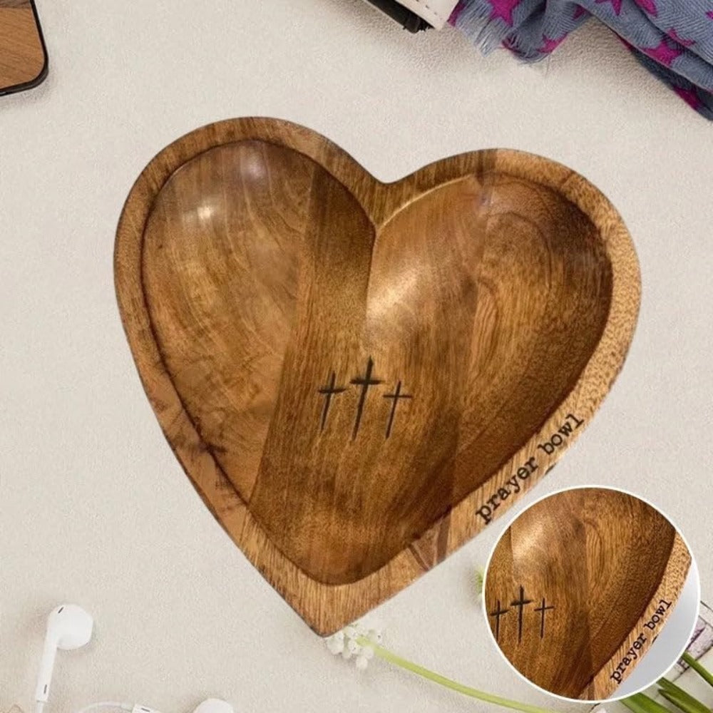 Wooden Prayer Bowl with 24 Prayer Cards ¨C Hand-Carved Heart Shaped Cross Engraved Vintage Religious Gift Set for Easter, Christmas, Thanksgiving, Home Altar & Prayer Room Tabletop Decor