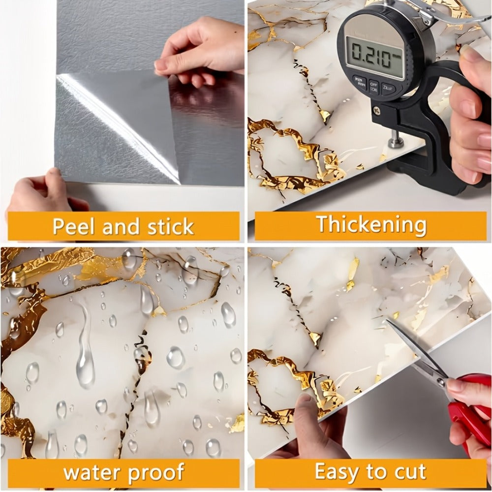 Self-Adhesive Marble Tile Stickers 11.8x11.8in Peel and Stick Wall Tiles for Bathroom Kitchen Backsplash ¨C Waterproof 3D Glossy Imitation Marble Wall Panel, Easy to Install, 50 or 100 Pack