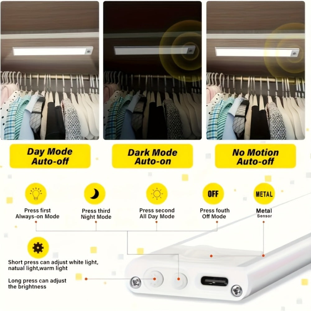 LED Motion Sensor Light USB-C Rechargeable 3 Color Temperatures Stepless Dimming Wireless Magnetic Under Cabinet Closet Night Light 1 2 4 Pack 20cm 30cm 40cm 50cm