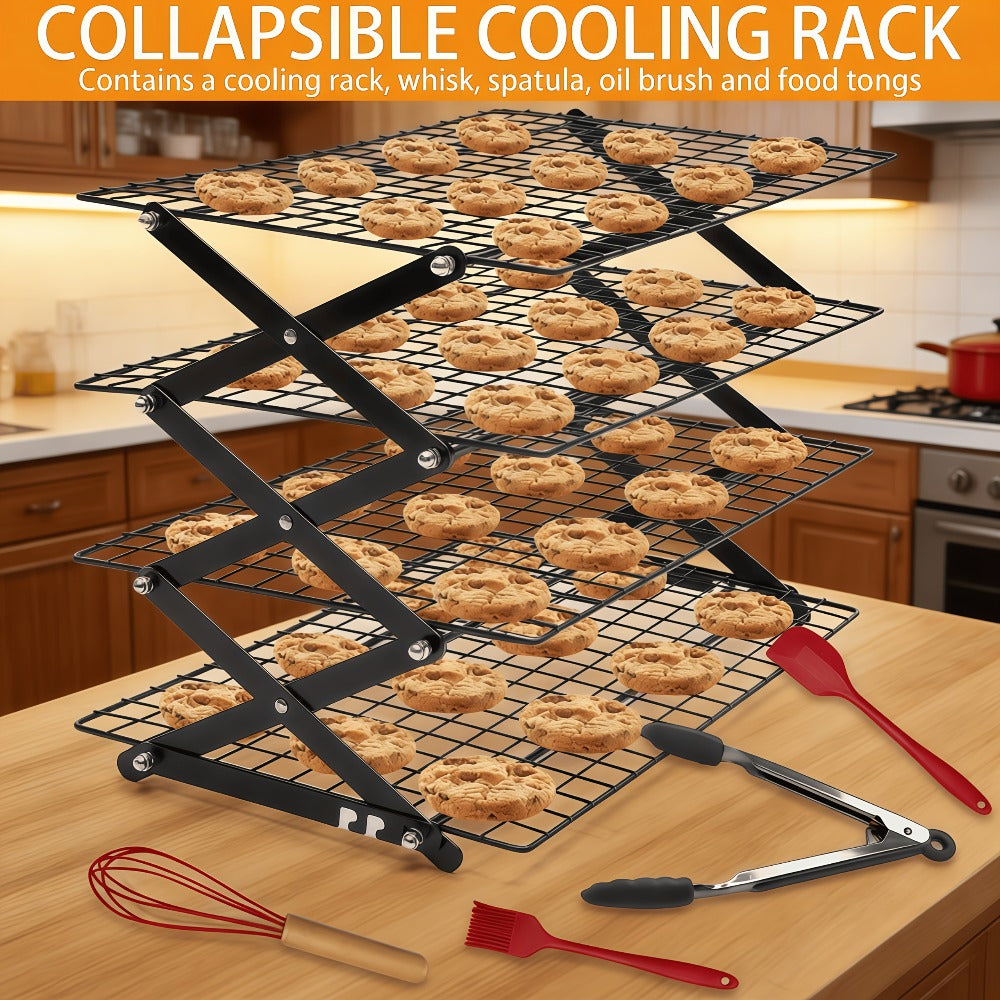 Foldable Cooling Rack Set ¨C Stackable Oven Cookie Cake Drying Rack with Free Baking Tools (Silicone Spatula, Egg Beater, Tongs, Brush) | 3/4/5 Tier Options for Kitchen, Camping & Holiday Baking
