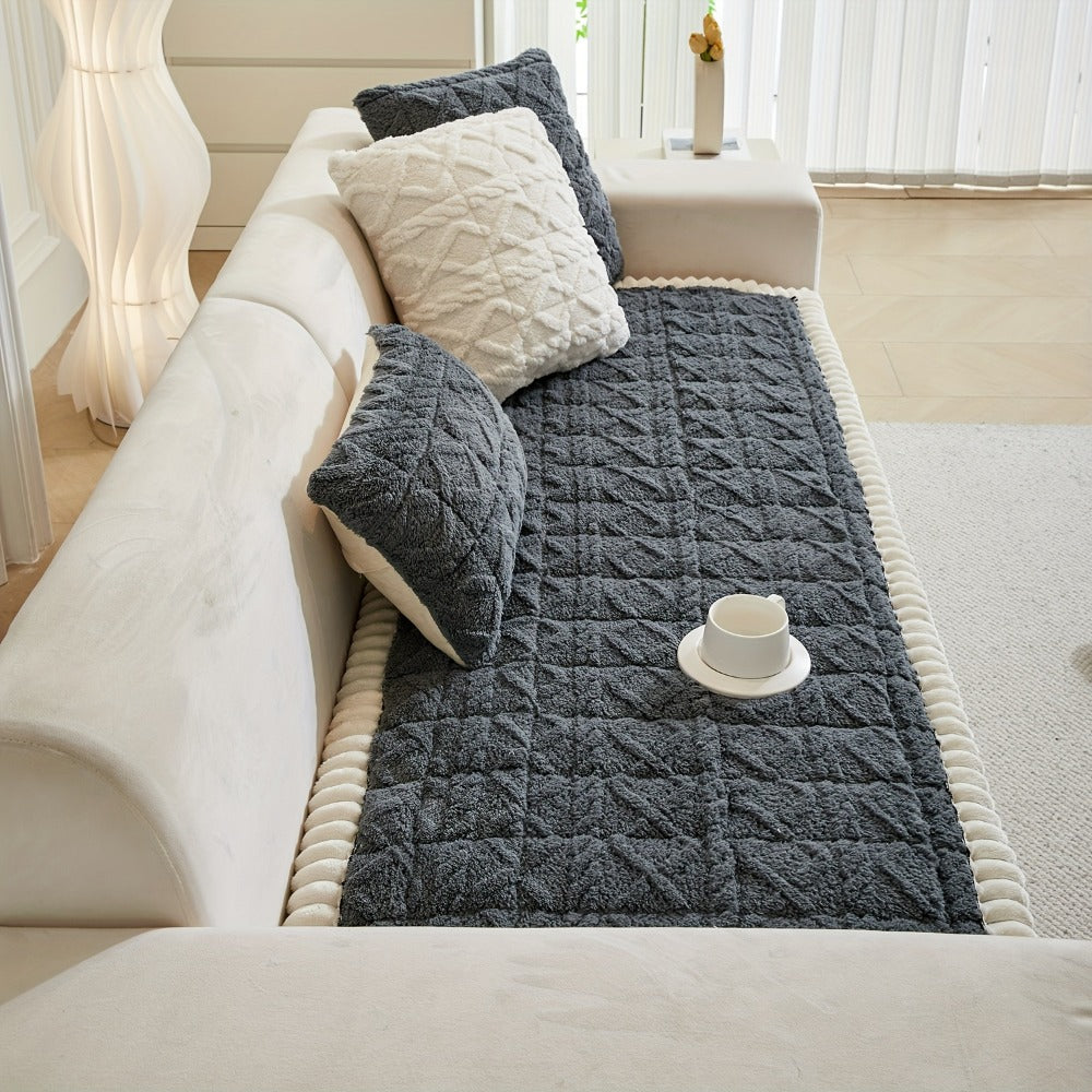 Bohemian Quilted Sofa Cover with Ruffles - 300GSM Shu Velveteen Anti-Slip Pet Friendly Machine Washable Plush Slipcover for Loveseat 3-4 Seater Sectional Sofa, 5 Colors