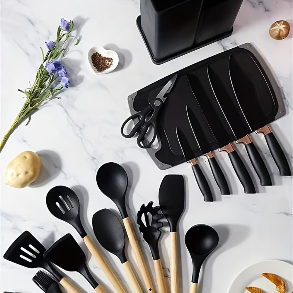 19-Piece Non-Stick Silicone Cookware Set with Bamboo Storage, Knives & Wooden Handle ¨C Pots, Pans & Utensils for Induction & Oven