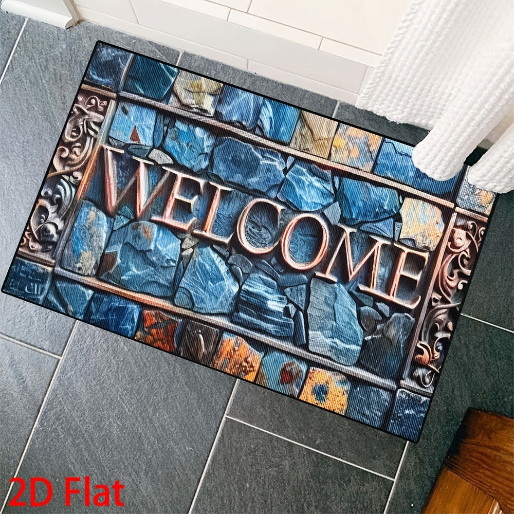 Non-Slip Welcome Doormat Stone Pattern Entrance Carpet Indoor Outdoor Floor Mat