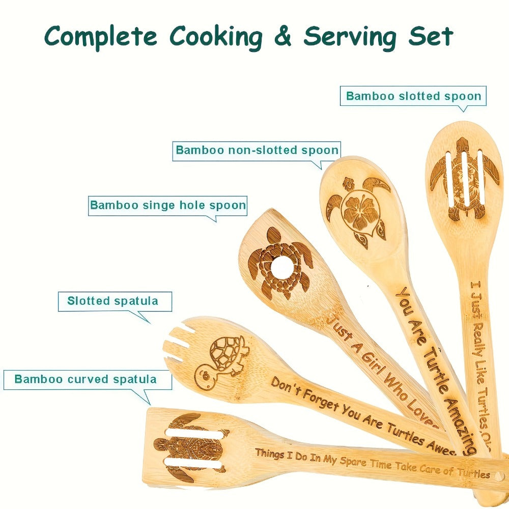 Wooden Cooking Spoons Utensils Set 5 Pcs ¨C Carved Animal Bamboo Kitchen Gadgets Non-Stick Spatula Kit, Turtle Design Farmhouse Decor, Housewarming Christmas Gift for Cooking Enthusiasts