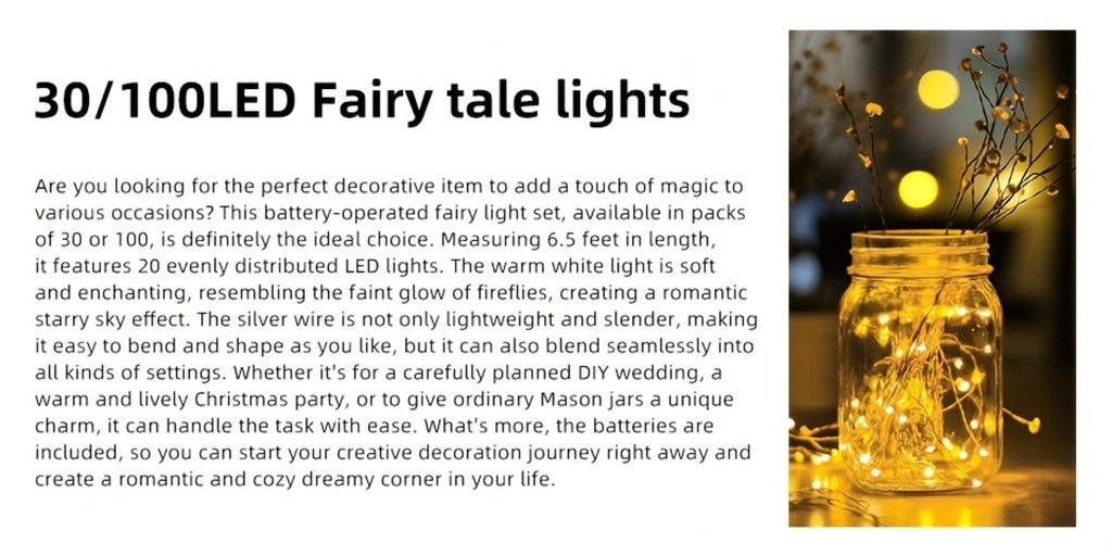 Fairy Lights Battery Operated with Batteries Included ¨C 6.5ft 20 LED Silver Wire Mini String Lights, Firefly Starry Lights for Wedding, Christmas, Party, Mason Jars & DIY Decor ¨C 30 or 100 Pack