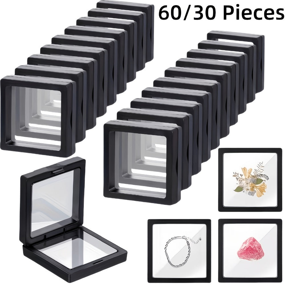 3D Floating Jewelry Display Box Bulk Set | Black Plastic Frame Clear Acrylic Panel Fabric-Lined Organizer for Jewelry Coins Collectibles ¨C Secure Clasp Closure ¨C 30 or 60 Pieces