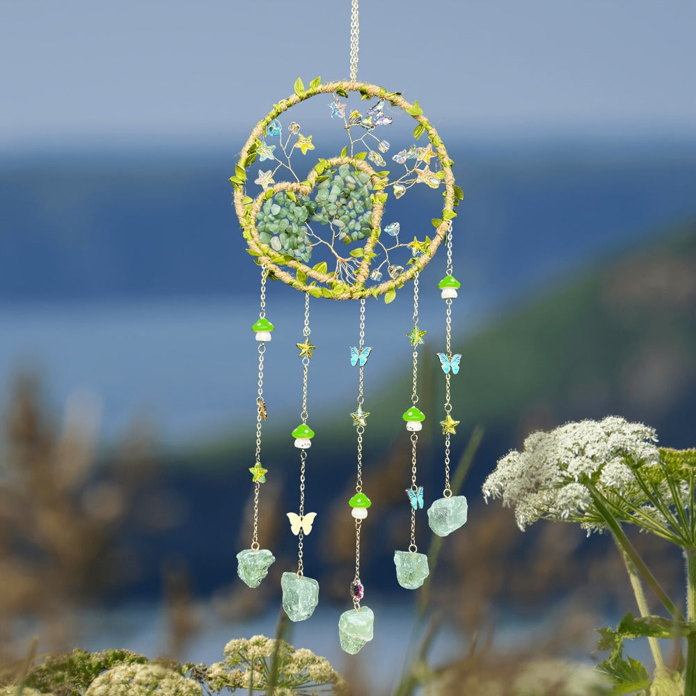 Boho Crystal Wall Hanging Decor ¨C Handmade Stone Bead Wind Chime with Colorful Gemstone Heart & Circular Crystal Pendant for Bedroom Living Room Christmas Mother's Day Thanksgiving Gift (Purple/Pink/Green)