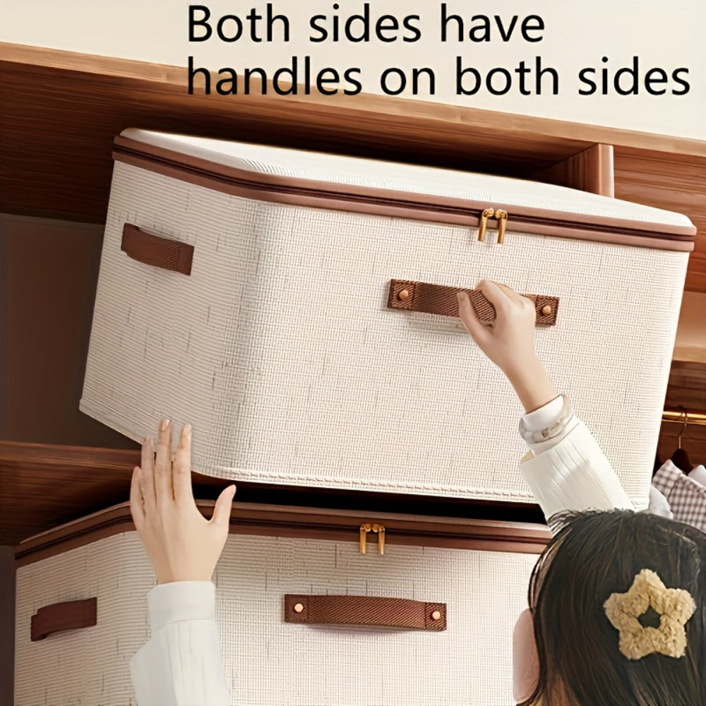 Foldable Storage Boxes with Lids 2-Pack, Large Capacity Linen Storage Baskets with Double Zippers & Leather Handles, Collapsible Fabric Organizer Bins for Bedroom, Clothing, Laundry & Moving