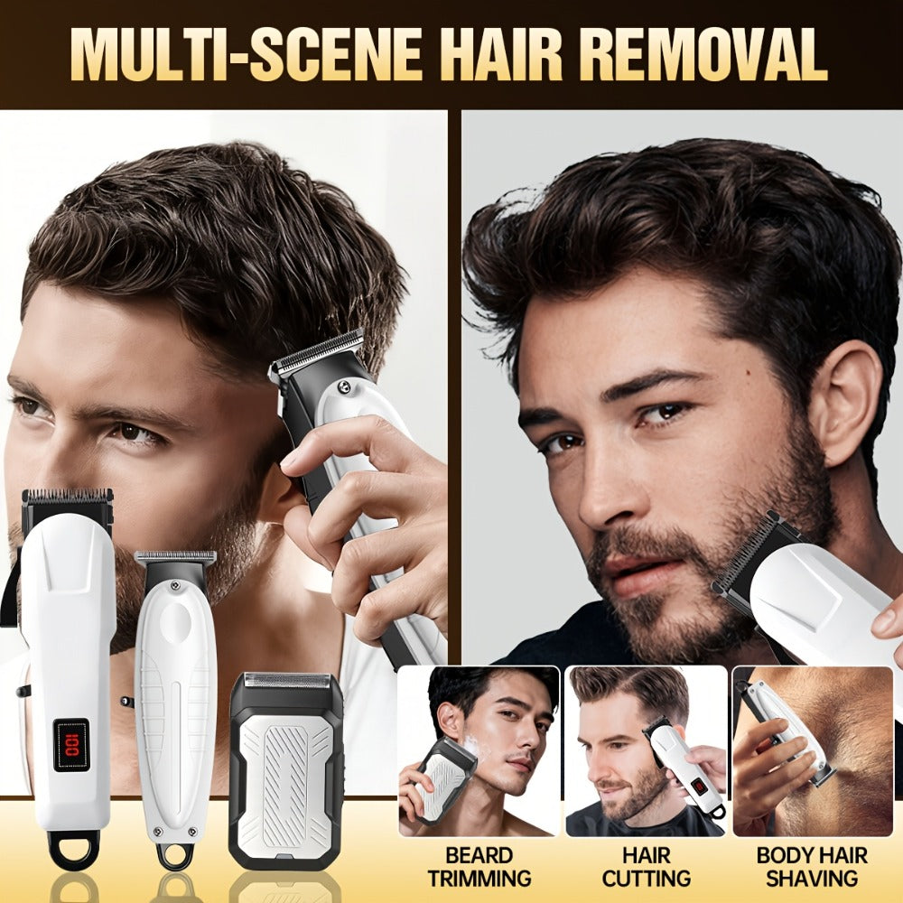 Men's Hair Clipper Set Cordless Beard Trimmer Electric Shaver Grooming Kit with LCD Display USB-C Rechargeable for Home Barber Haircut Mustache Travel Father's Day Gift