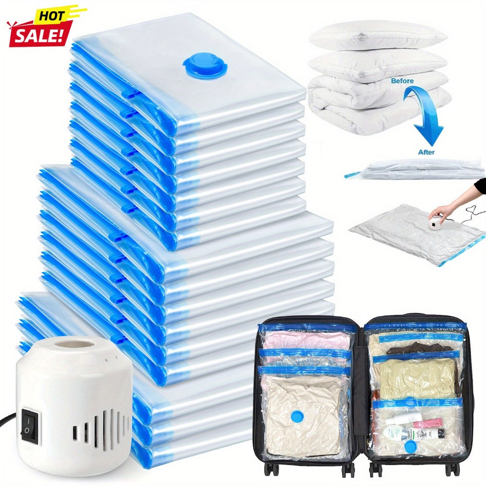 Vacuum Storage Bags 16pcs with Electric Pump ¨C Space Saver Compression Bags for Clothes, Bedding, Pillows, Quilts, Blankets, Travel & Luggage (7 Small, 6 Medium, 3 Large)