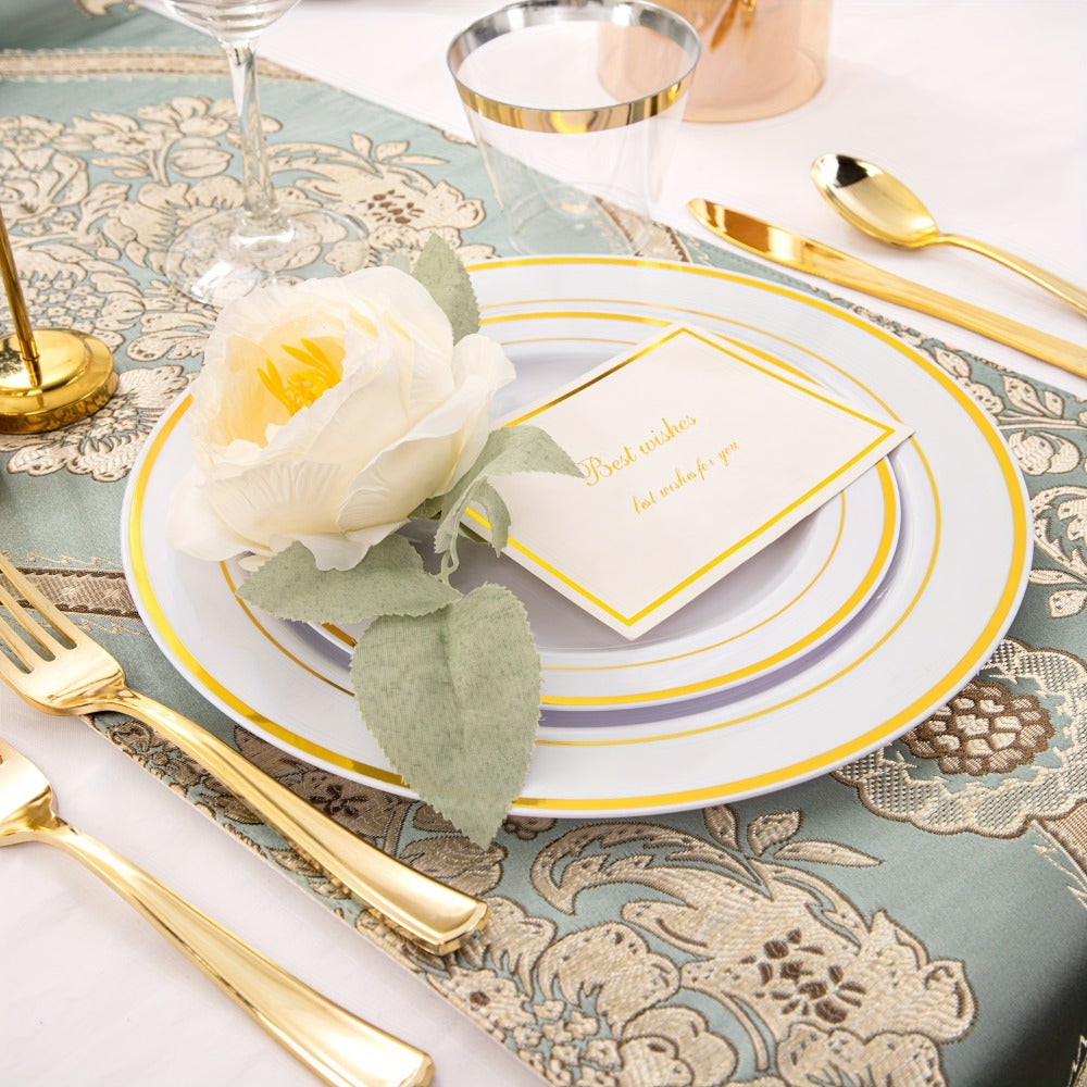 Gold Plastic Plates Disposable Dinnerware Set 350pcs ¨C 50 Dinner Plates, 50 Dessert Plates, 50 Gold Rim 9oz Cups & 50 Gold Cutlery Sets | Elegant Party Tableware for Wedding, Birthday & Holiday Events