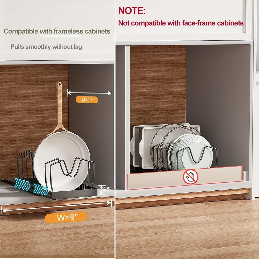 Pull Out Pot Lid Organizer Rack 2pcs Under Cabinet Pots and Pans Organizer, 8 Adjustable Dividers Slide Out Kitchen Cabinet Cookware Baking Sheet Holder, Drill-Free Easy Install