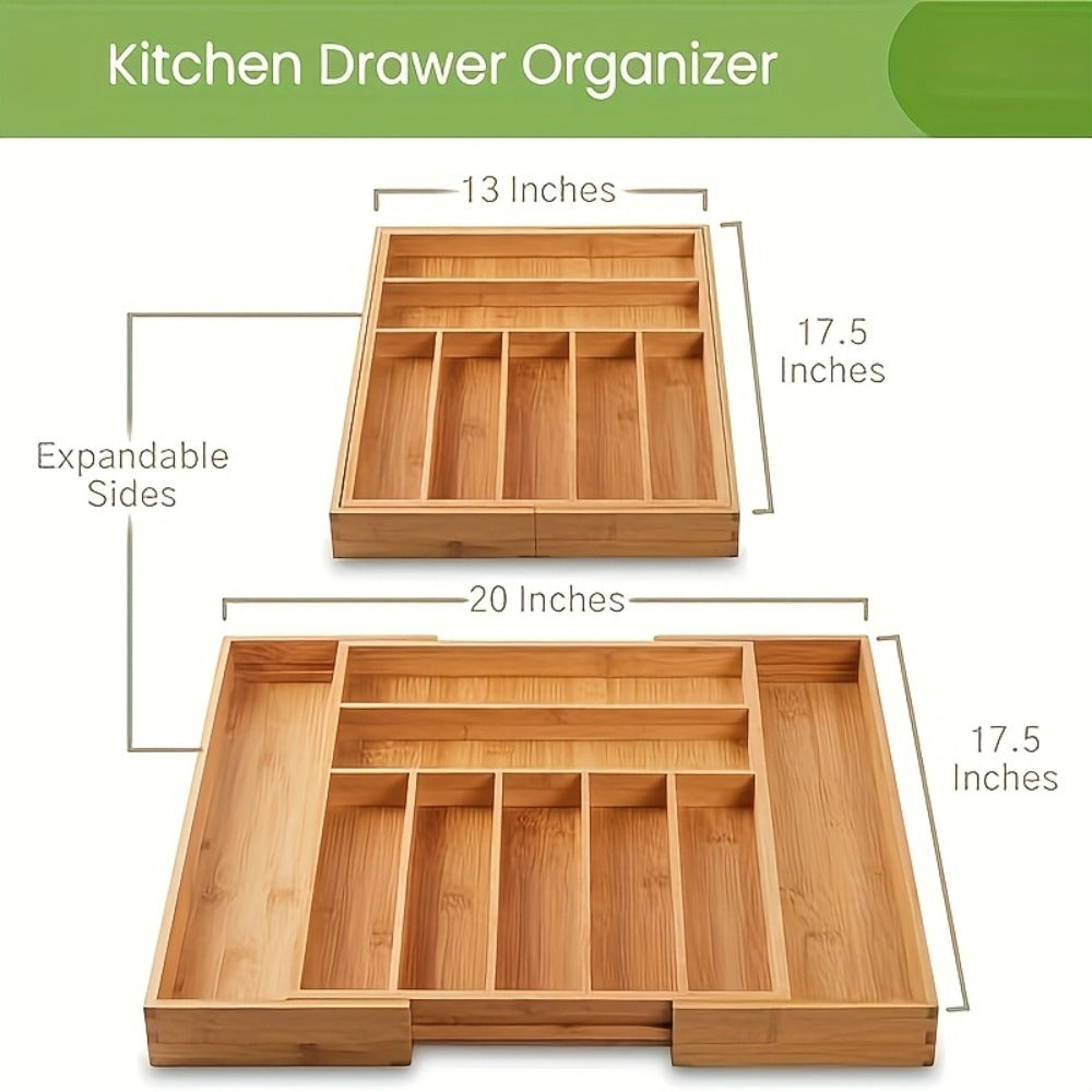 Bamboo Drawer Organizer Expandable Utensil Tray | Adjustable Silverware Organizer for Kitchen Drawers | 5 or 9 Compartments Cutlery Divider for Fork Spoon Knife Kitchen Tools