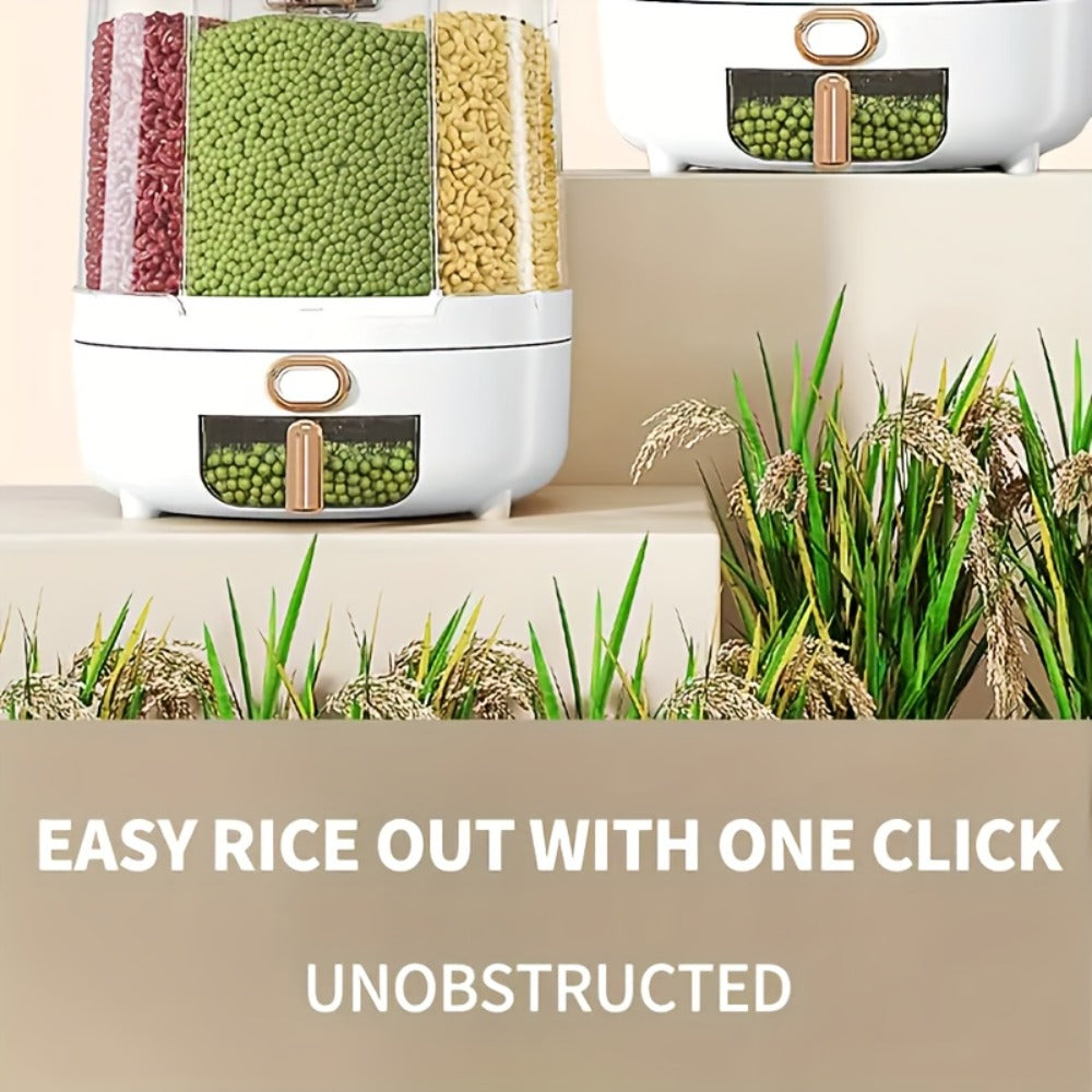 Rice Dispenser 360 Rotating 6 Compartment Grain Storage Container - Airtight Moisture Proof with Transparent Window, Food Grade PP, Large Capacity for Rice Cereal Flour and Pet Food, Medium 13lb or Large 22lb
