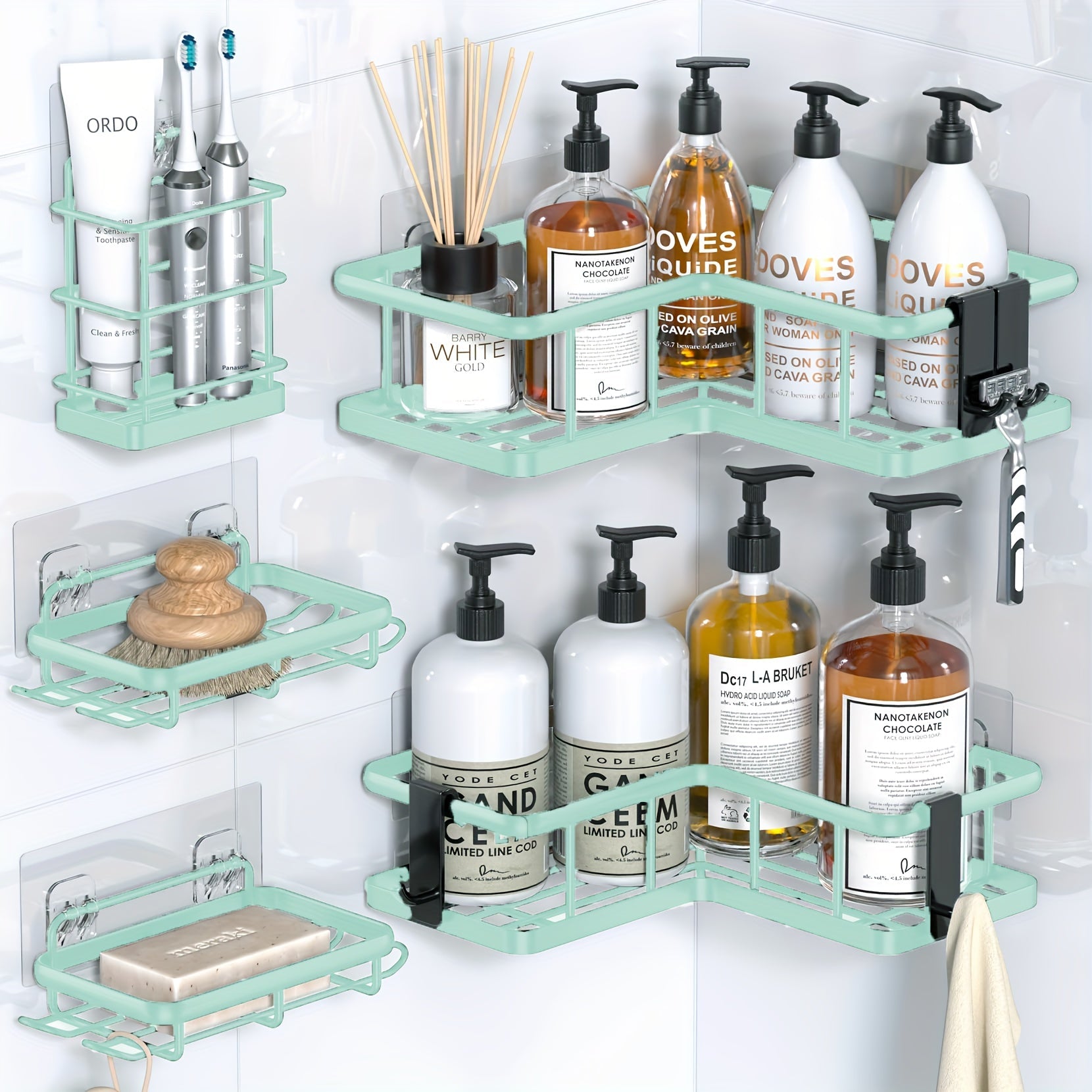 Corner Shower Caddy 5 Pack with Soap Holder & 4 Removable Hooks ¨C Rustproof No Drill Shower Shelf Organizer for Inside Shower