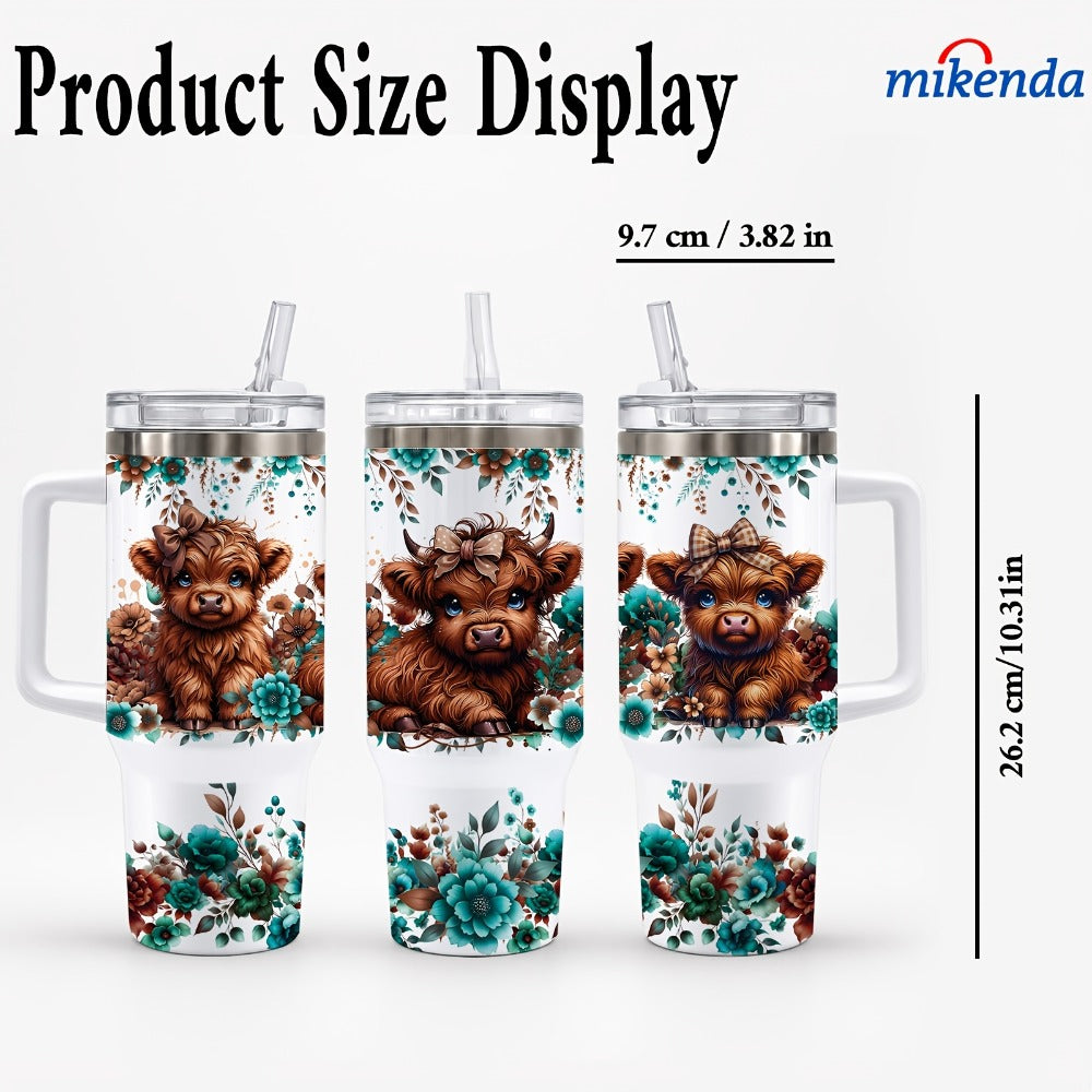 Highland Cow Insulated Tumbler Mug 40oz 16oz | Stainless Steel Vacuum Insulated | 24H Cold 12H Hot | Floral Teal Design | Gift