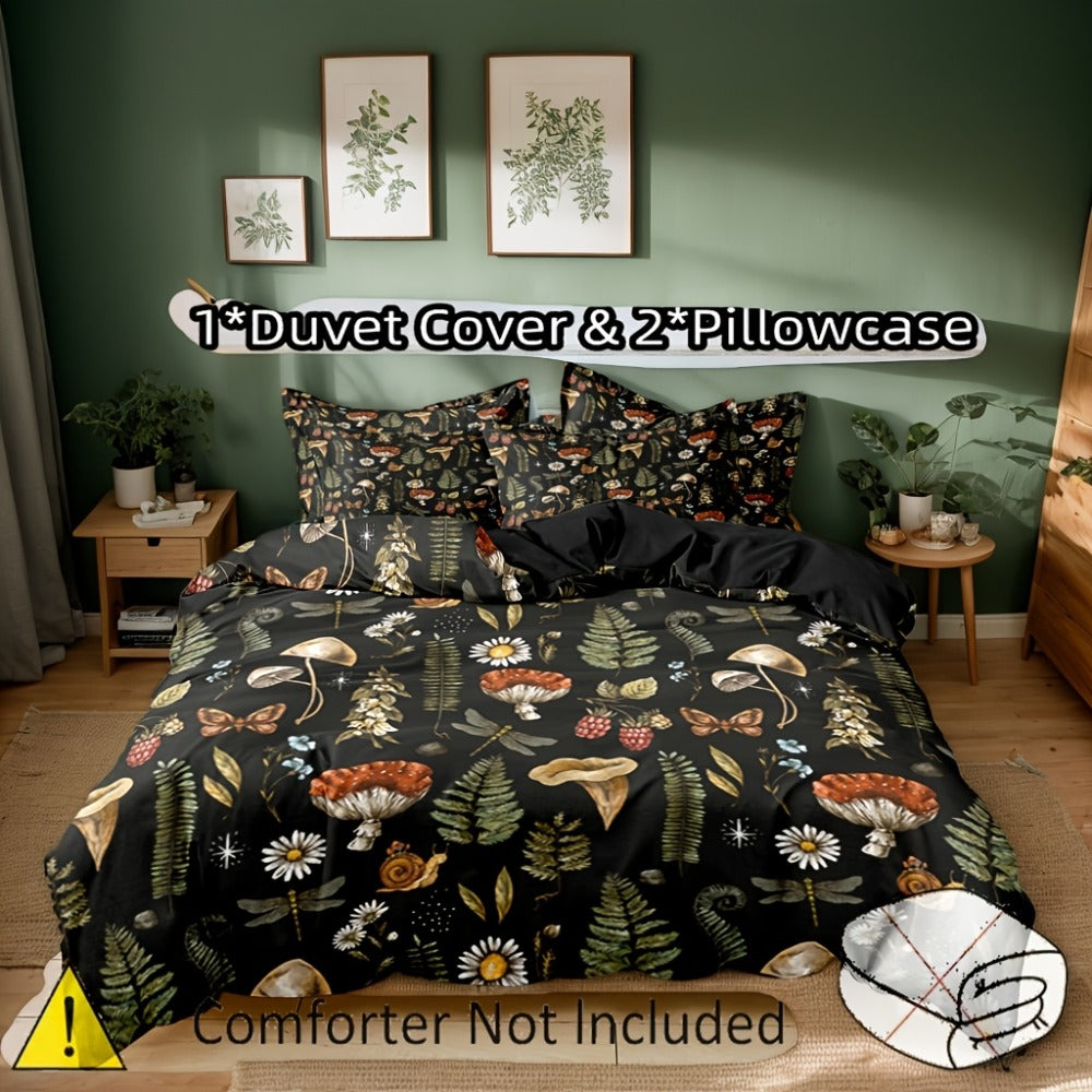 Duvet Cover Set 3-Piece Forest Mushroom Pattern ¨C Soft Polyester Bedding with Zipper Closure, Twin Full Queen King ¨C Bedroom & Guest Room