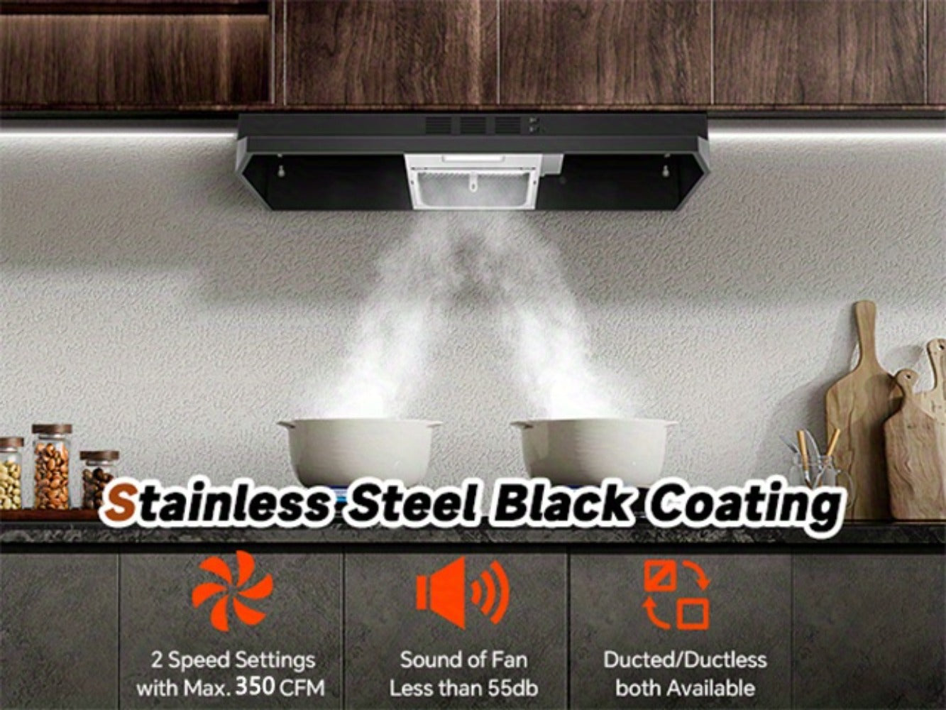 Range Hood 36 Inch Under Cabinet Ducted Ductless Convertible Stainless Steel 350CFM 2-Speed Exhaust Fan LED Light 3-Layer Aluminum Mesh Filter Top Rear Venting Kitchen Vent Hood