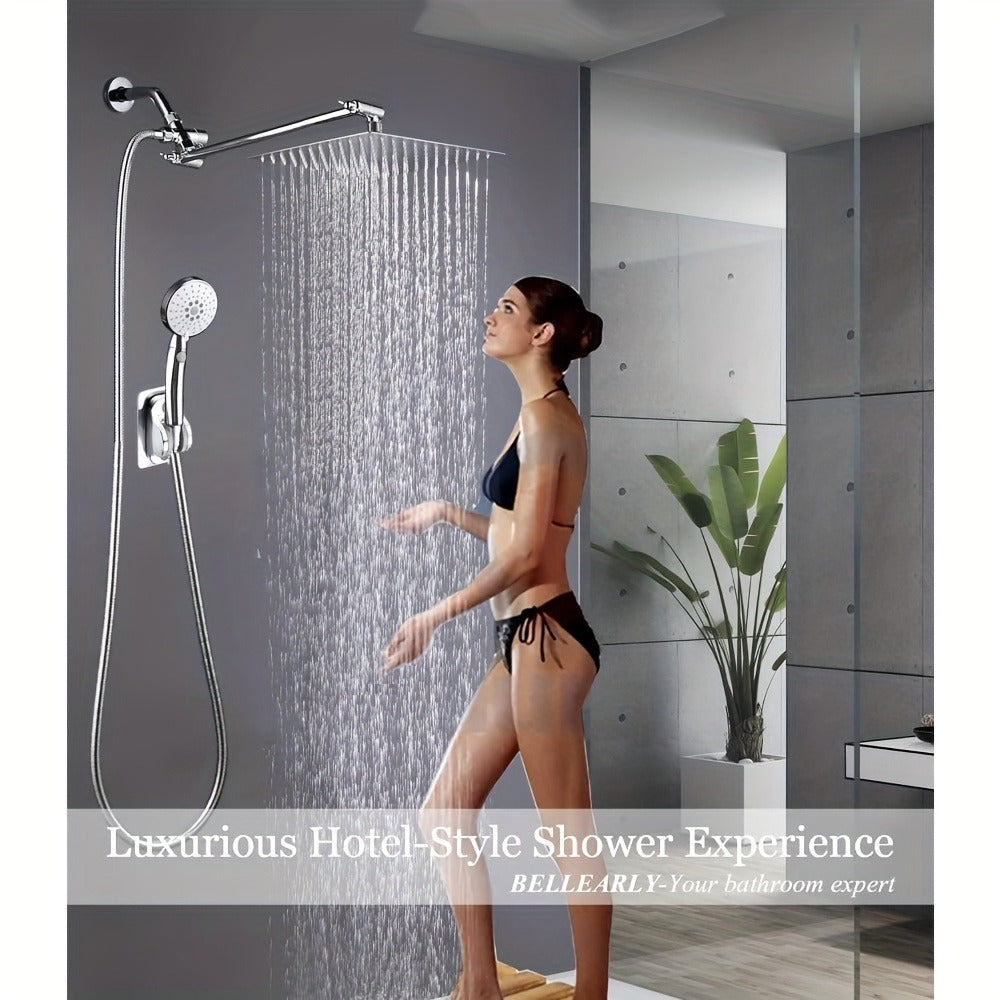 High Pressure Rainfall Shower Head Handheld Combo 4-Spray Modes 10 12 Inch Adjustable Extension Arm 78-Inch Hose Adhesive Holder Wall Mount Chrome Black Bathroom