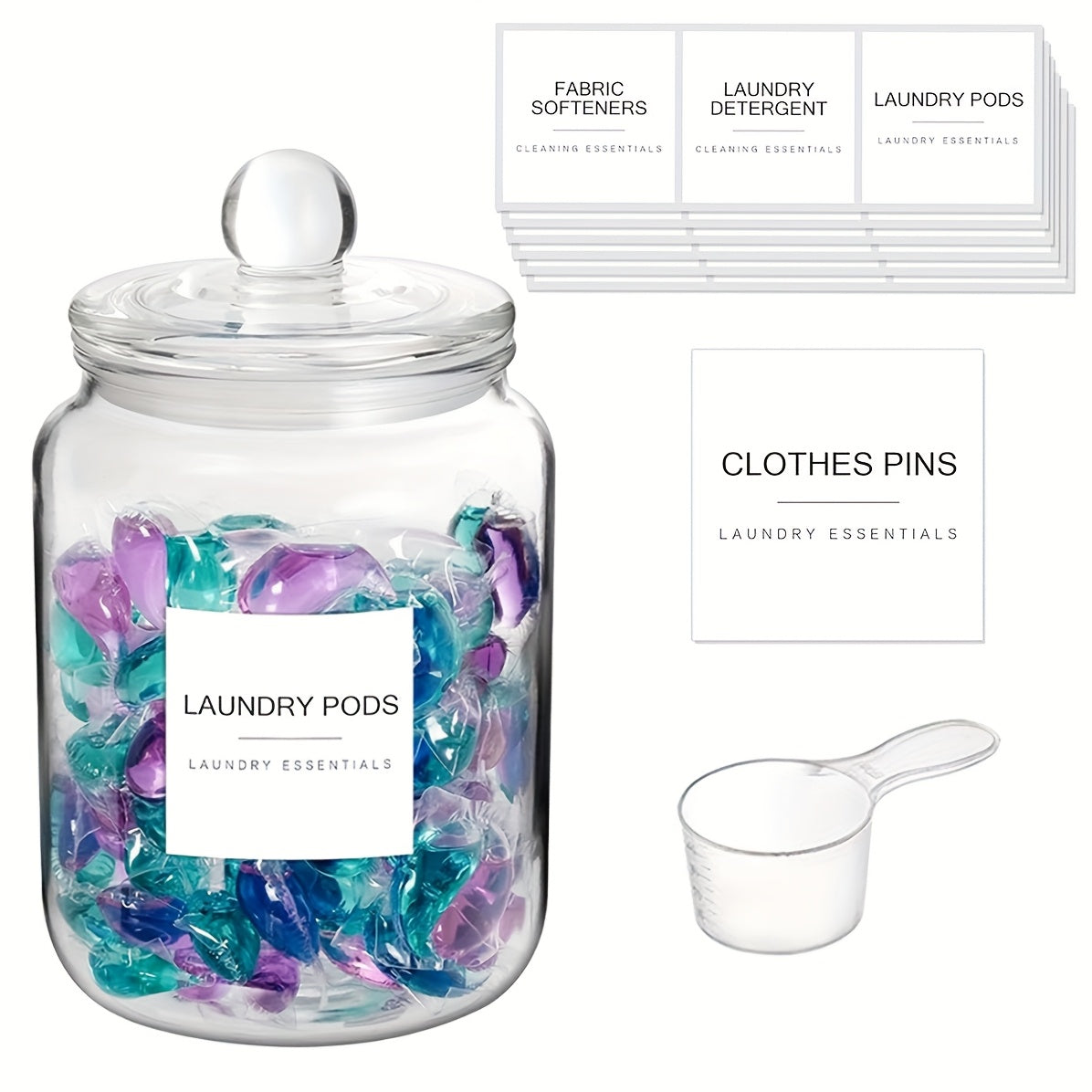 Airtight Glass Jars with Lids Labels and Spoons Half Gallon Storage Canisters for Laundry Detergent Pods Scent Booster Beads Kitchen Pantry Organization Food Safe Wide Mouth 1 2 3 4 Pack