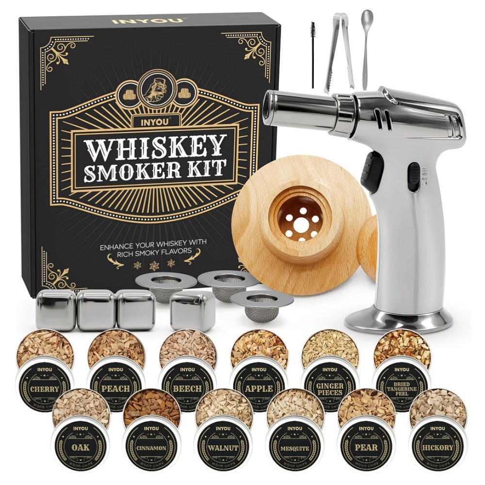 Whiskey Smoker Kit with Torch 26pcs - 12 Wood Chip Flavors, 3 Filters, Cocktail & Old Fashioned Smoker Kit - Bourbon Whiskey Gifts for Men, Dad, Husband, Birthday Gift Set (No Butane)