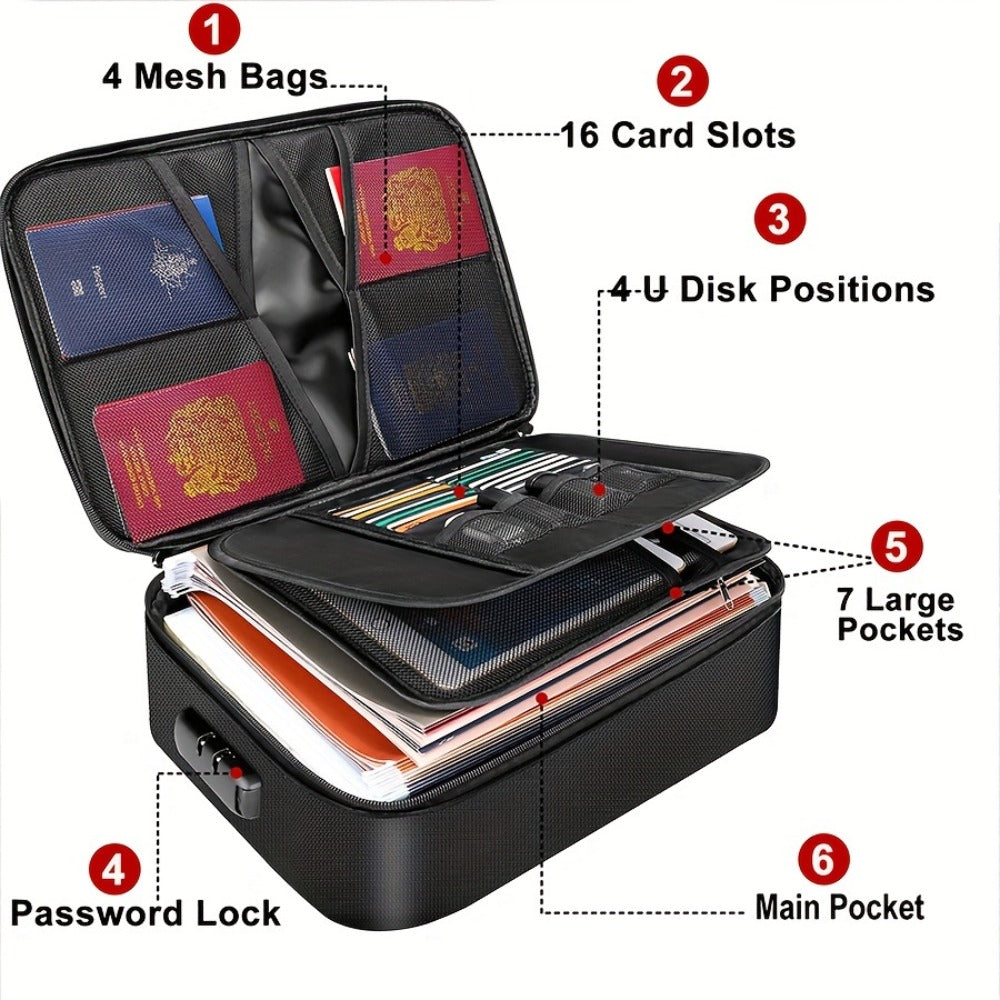 Fireproof Document Organizer Bag with Combination Lock Multi-Compartment Portable File Storage for Home Office Travel Cards Gadgets