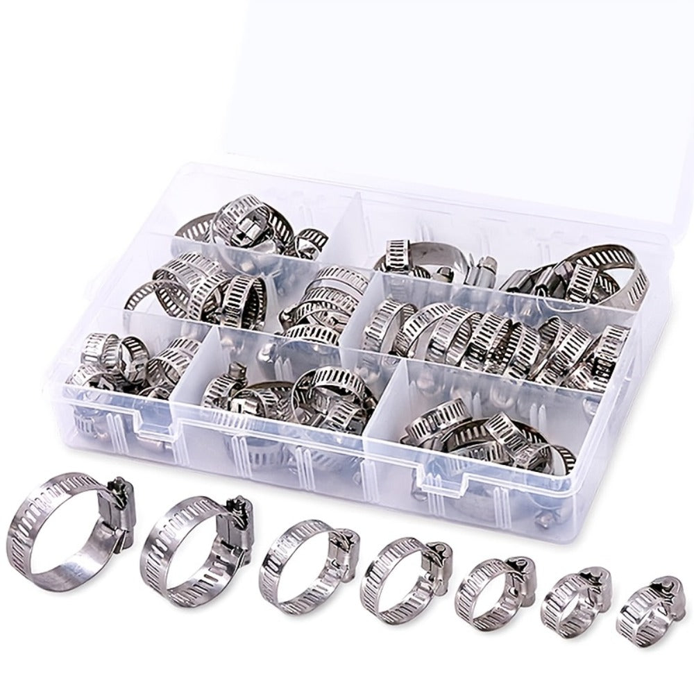 Stainless Steel Hose Clamps 100-Pack Assortment Kit - Multiple Universal Sizes Adjustable Hose Clips for Fuel Line Plumbing Automotive Garden Marine HVAC, Heavy Duty with Storage Case, Silver