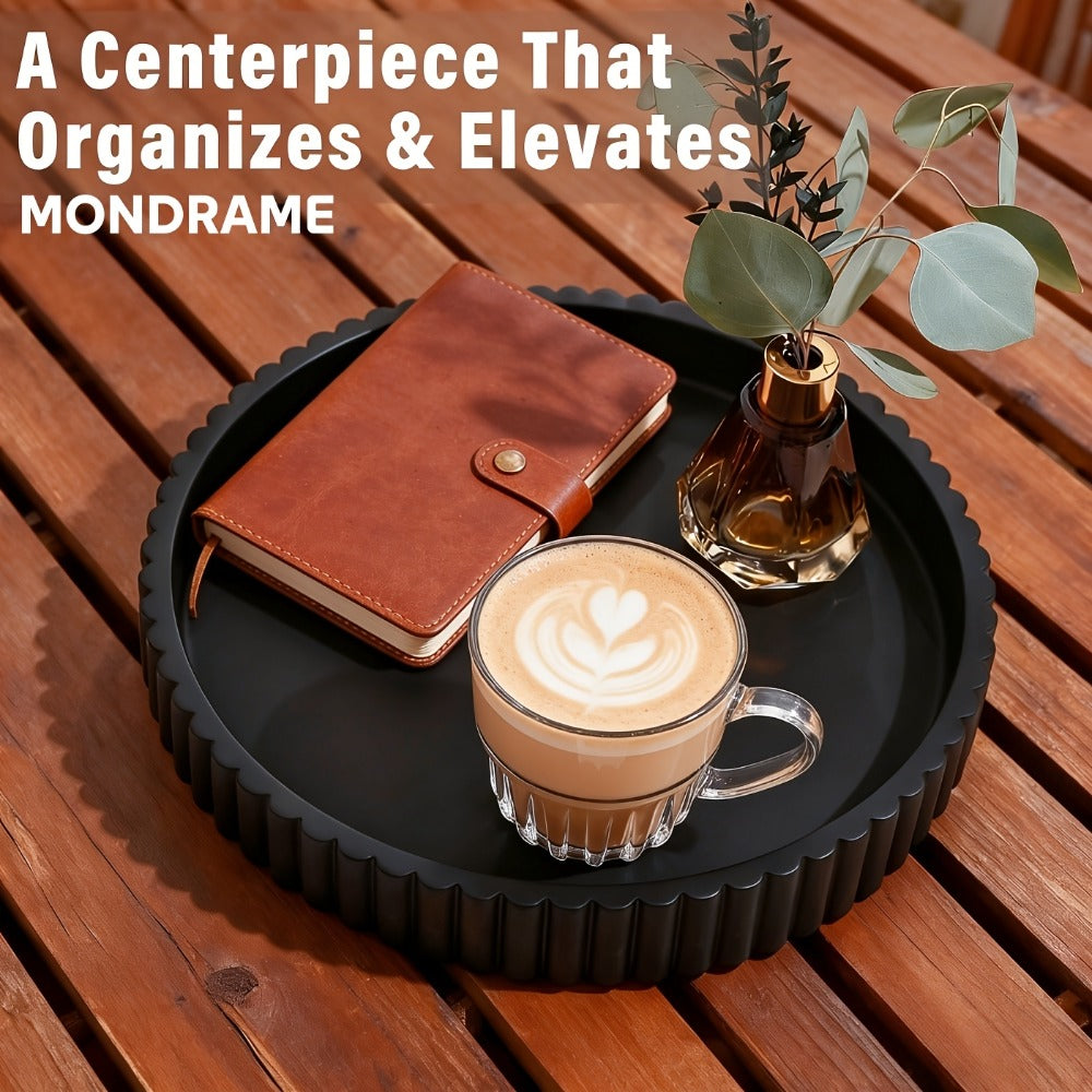 Wood Decorative Tray for Coffee Table 11 Inch Round Boho Serving Tray Wooden Centerpiece for Living Room Ottoman Console Table Jewelry Organizer Accent Decor Tabletop Storage Tray White Black