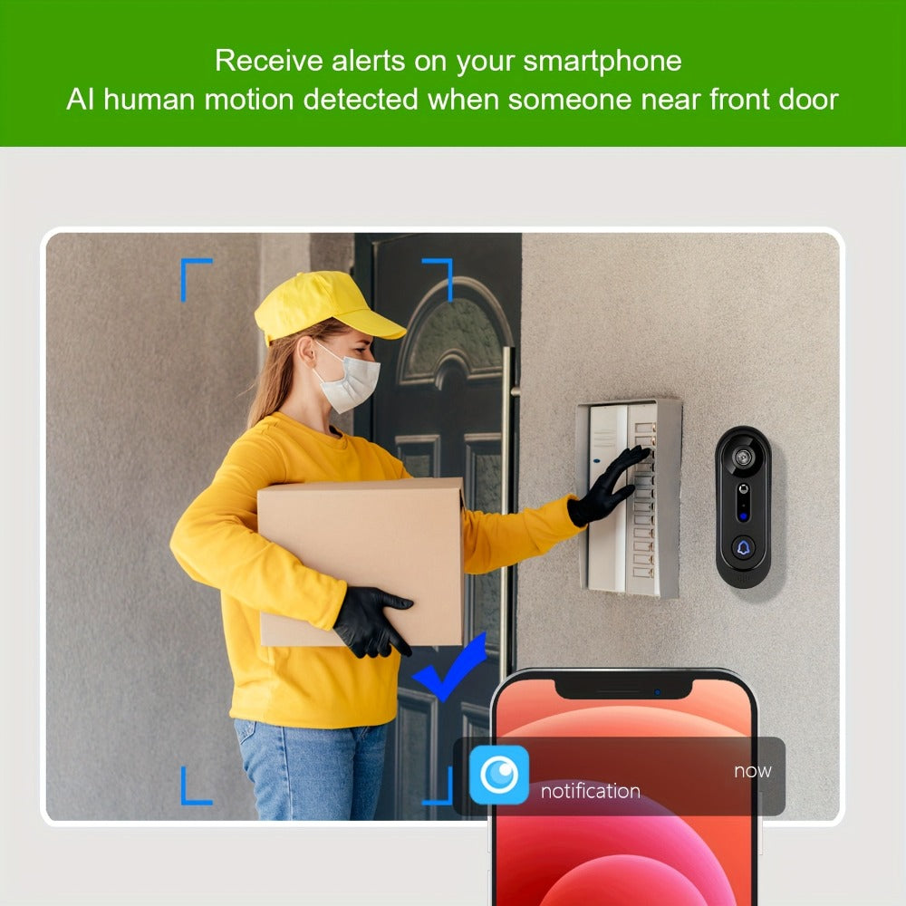 Wireless Video Doorbell Camera 1080P HD Night Vision Motion Detection Two-Way Audio Battery Powered Indoor Chime Cloud Storage Smart Home Security 2.4GHz WiFi Black